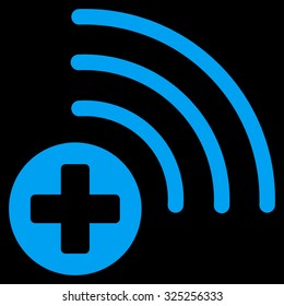 Medical Source vector icon. Style is flat symbol, blue color, rounded angles, black background.