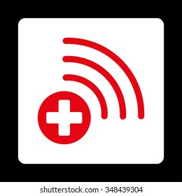 Medical Source vector icon. Style is flat rounded square button, red and white colors, black background.