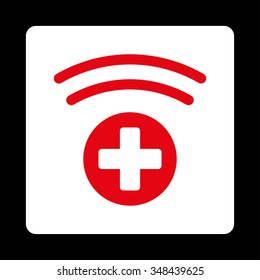 Medical Source vector icon. Style is flat rounded square button, red and white colors, black background.