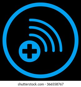 Medical Source vector icon. Style is flat circled symbol, blue color, rounded angles, black background.