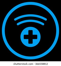 Medical Source vector icon. Style is flat circled symbol, blue color, rounded angles, black background.