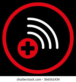 Medical Source vector icon. Style is bicolor flat circled symbol, red and white colors, rounded angles, black background.