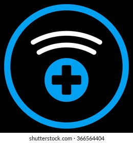 Medical Source vector icon. Style is bicolor flat circled symbol, blue and white colors, rounded angles, black background.