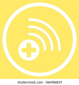 Medical Source vector icon. Style is flat circled symbol, white color, rounded angles, yellow background.