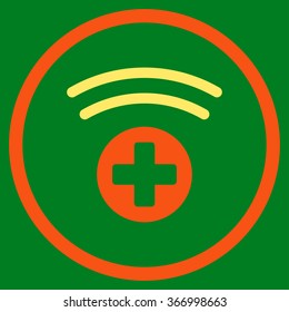 Medical Source vector icon. Style is bicolor flat circled symbol, orange and yellow colors, rounded angles, green background.