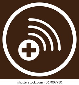 Medical Source vector icon. Style is flat circled symbol, white color, rounded angles, brown background.