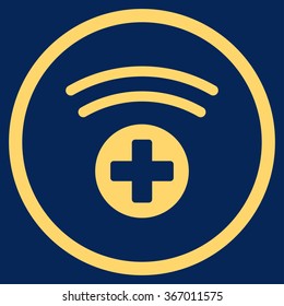 Medical Source vector icon. Style is flat circled symbol, yellow color, rounded angles, blue background.