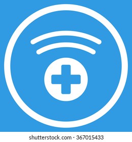 Medical Source vector icon. Style is flat circled symbol, white color, rounded angles, blue background.