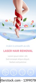 Medical Spa Clinic Flyer, Woman Healthcare Flyer. Smooth Female Leg with Perfect Skin, Lace, Feathers and Petals. Laser Hair Removal, Beauty Procedure 3D Vector Realistic Illustration, Vertical Banner