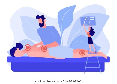 Medical spa procedure. Health care. Body pain and stress curing. Professional massage therapy, spa therapy services, treatment of body concept. Pinkish coral bluevector vector isolated illustration