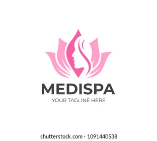 Medical spa salon logo template. Beauty care vector design. Lotus flower and woman's face logotype