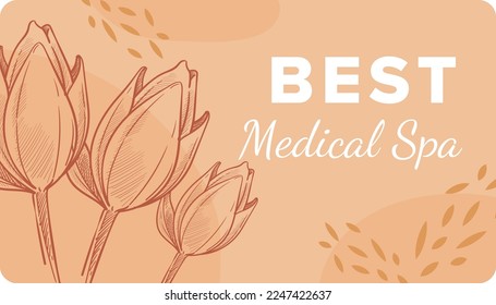 Der medizinische Wellness-Salon-Service und die Pflege für Patienten und Besucher. Beste Fachleute und Spezialisten. Monochrome Skizze Blumen Knospen im Strauß. Visitenkarte mit Logotyp, Vektorgrafik im flachen Stil