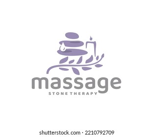 Medical Spa Treatment Logo Design. Hot Stone Therapy Vector Design. Massage Aromatherapy Oils With Stones And Burning Candle Logotype