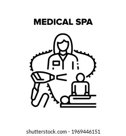 Concepto De Icono Del Vector Del Spa Médico. El Masaje Sanitario De Los Pacientes Convierte Masseur Y Servicio De Spa Médico De Depilación Láser. Médica Mujer Salón De Belleza Tratamiento De Medicina En Clínica Ilustración Negra
