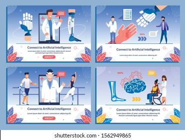 Medical Specialist Doctors in Uniform Offer AI Bionic Prostheses for Disabled People Flat Banner Set. Webpage for Application Supporting, Consulting Handicapped Person. Vector Cartoon Illustration