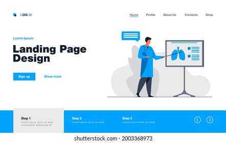 Medical specialist giving information about lungs. Physician, lecture, respiration flat vector illustration. Medicine and healthcare concept for banner, website design or landing web page