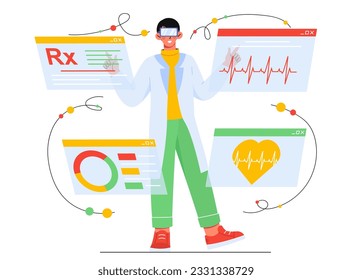 IT medical specialist with infographics concept. Doctor in virtual reality glasses reads patients medical history, analyzes statistics. Diagnosis and treatment. Cartoon flat vector illustration