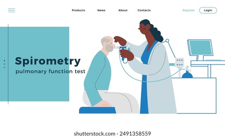 Medical Specialist Performing Spirometry on Patient in Medical Office or Laboratory. Modern Flat Vector Concept Illustration. Respiratory Diseases. Website Banner, Landing Page Design Template.
