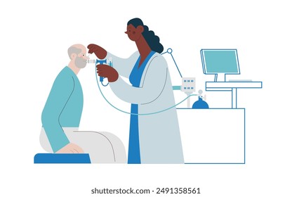 Medical Specialist Performing Spirometry on Patient in Medical Office or Laboratory. Modern Flat Vector Concept Illustration. Respiratory Diseases. Website Banner, Landing Page Design Template.