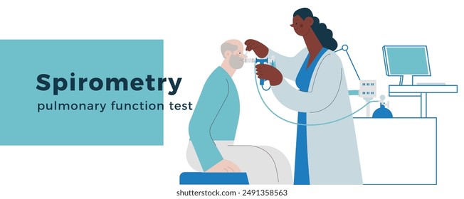 Medical Specialist Performing Spirometry on Patient in Medical Office or Laboratory. Modern Flat Vector Concept Illustration. Respiratory Diseases. Website Banner, Landing Page Design Template.
