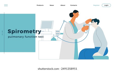 Médico especialista realizando espirometría al paciente en consultorio médico o laboratorio. Ilustración de concepto de Vector plano moderno. Enfermedades Respiratorias. Anuncio de Sitio web, Plantilla de diseño de página de destino.