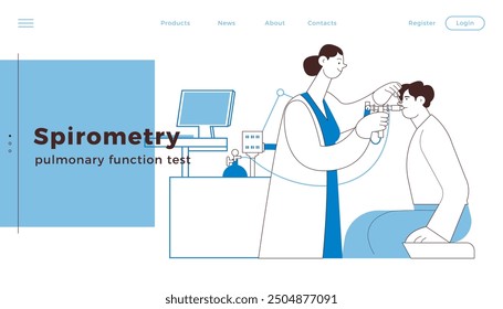 Medical Specialist Performing Spirometry on Patient in Medical Office or Laboratory. Black and White Modern Flat Vector Illustration. Respiratory Diseases. Website Banner, Landing Page Design Template