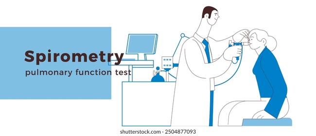 Medical Specialist Performing Spirometry on Patient in Medical Office or Laboratory. Black and White Modern Flat Vector Illustration. Respiratory Diseases. Website Banner, Landing Page Design Template