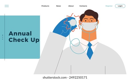 Medical Specialist in Protective Face Mask Holding Stethoscope. Modern Flat Vector Illustration. Medical Insurance Website Banner. Social Media Template.