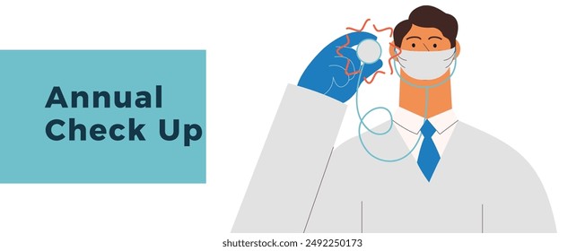 Medical Specialist in Protective Face Mask Holding Stethoscope. Modern Flat Vector Illustration. Medical Insurance Website Banner. Social Media Template.