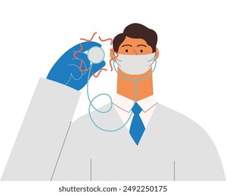 Médico especialista en máscara facial protectora que sostiene el estetoscopio. Moderna Ilustración vectorial plana. Anuncio del Sitio web del Seguro Médico. Plantilla de medios sociales.