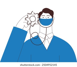 Médico especialista en mascarilla protectora con estetoscopio. Ilustración vectorial plana moderna en blanco y negro. Anuncio de Sitio web de Seguro Médico. Plantilla de medios sociales.