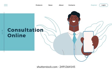 Medical Specialist with Stethoscope Hold Smartphone. Modern Flat Vector Illustration. Consultation Online. Website Banner, Landing Page Template.