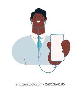 Medical Specialist with Stethoscope Hold Smartphone. Modern Flat Vector Illustration. Consultation Online. Website Banner, Landing Page Template.