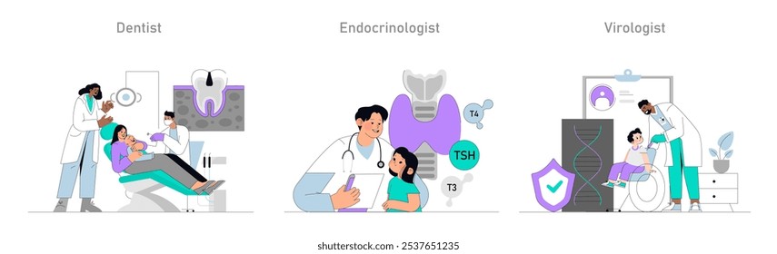 Visitas de Especialistas Médicos definidas. Exame dentário pediátrico, avaliação da tireoide e teste de virologia. Crianças recebendo serviços de saúde. Ilustração vetorial.