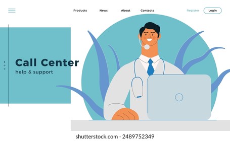 Medical Specialist Wearing Headset with Laptop on Abstract Background. Call Center Concept. Modern Flat Vector Illustration. Website Banner, Landing Page Template.