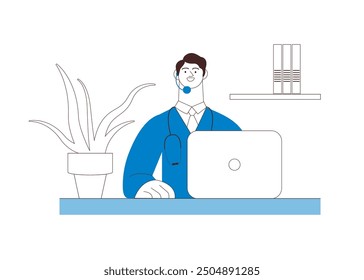 Medical Specialist Wearing Headset with Laptop on Abstract Background. Call Center Concept. Black and White Modern Flat Vector Illustration. Website Banner Template, Landing Page Template.