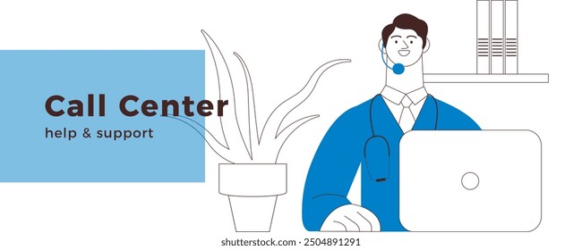 Medical Specialist Wearing Headset with Laptop on Abstract Background. Call Center Concept. Black and White Modern Flat Vector Illustration. Website Banner Template, Landing Page Template.