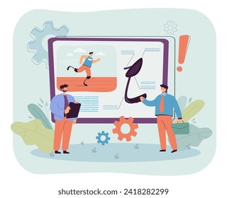 Medical specialists analyzing medical record of patient with disability vector illustration. Huge tablet with sportsman with prosthetic leg. Popularization of bionic prosthetic legs concept