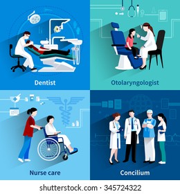 Medical specialists concilium 4 flat icons square composition with dentist and nurse care abstract isolated vector illustration