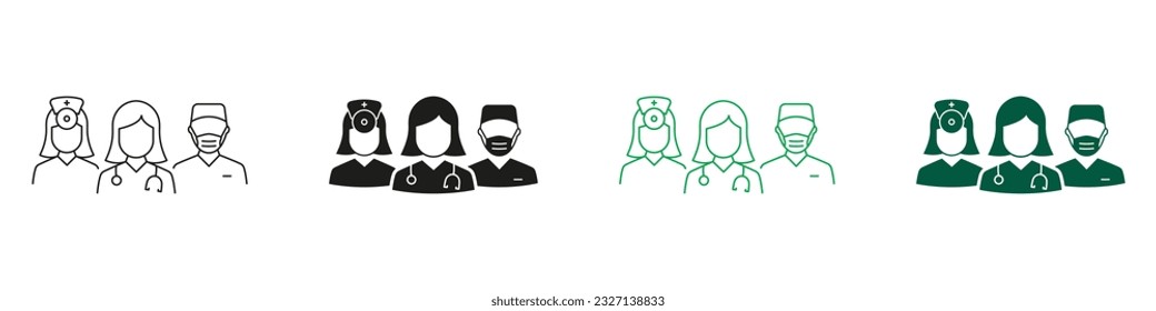 Medical Specialists Group Black and Color Pictogram. Healthcare Professional Hospital Staff Symbol Collection. Doctors and Nurse Team Line and Silhouette Icon Set. Isolated Vector Illustration.