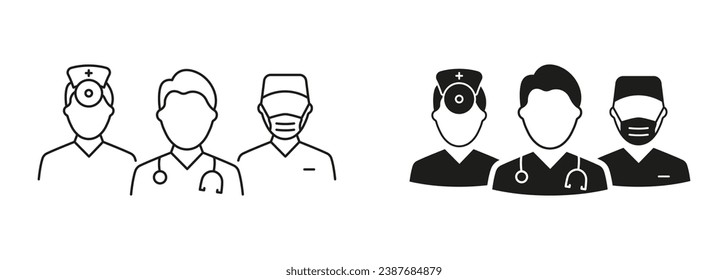 Medical Specialists Group Pictogram Set. Doctors and Nurse Team Line and Silhouette Icons. Healthcare Professional Hospital Staff Black Symbol Collection. Isolated Vector Illustration.