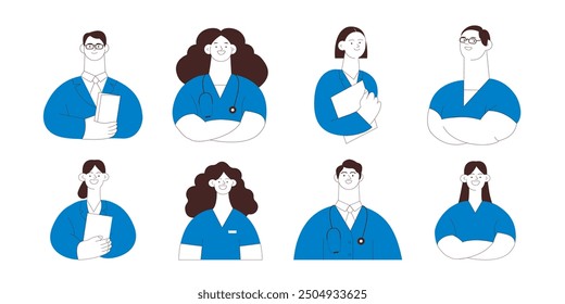 Medical Specialists. Medical Insurance. Black and White Modern Flat Vector Concept Illustration. Doctors and Nurses Portraits, Team of Doctors.