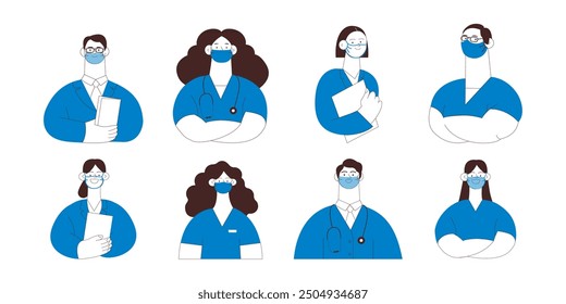 Medical Specialists in Masks. Medical Insurance. Black and White Modern Flat Vector Concept Illustration. Doctors and Nurses Portraits, Team of Doctors.