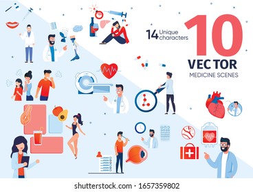 Medical Specialists, People Health Problems, Modern Medicine and Healthcare Technologies Trendy Flat Vector Scenes Set. Addicted from Alcohol Man, Sick Family, Doctors Counseling Patient Illustrations