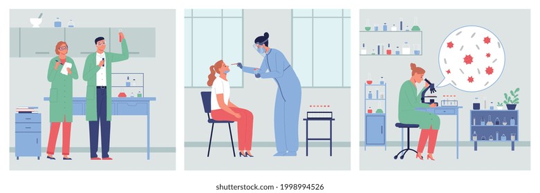 Medizinische Fachleute, die Versuche mit Laborvektor-Flach-Illustrationen durchführen