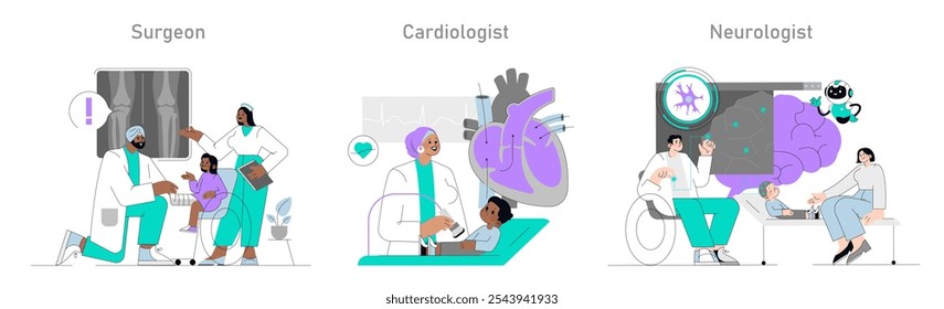 Medical Specialists Set. Depiction of health care visits with diverse doctors. Surgeon, cardiologist, neurologist interacting with patients. Vector illustration.