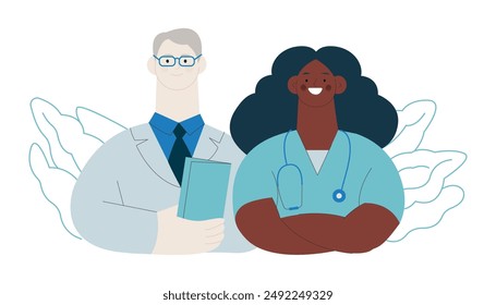 Medical Specialists Standing Together on Abstract Background. Modern Vector Concept Illustration.