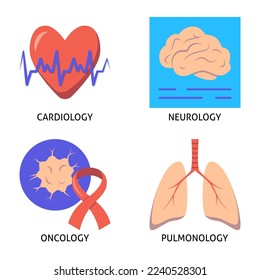 Medical specializations icon set in flat style. Cardiology, neurology, oncology and pulmonology symbols. Vector illustration.