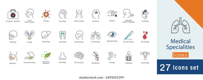 Conjunto de colección de iconos de especialidades médicas. Conteniendo cirugía plástica facial, neurología, cirugía plástica, psiquiatría, diabetes y más iconos 