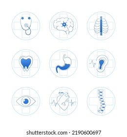 Medical specialties icon set isolated on white background, design element for scientific conference or infographic